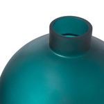 Close-up showing the narrow cylindrical neck and frosted teal glass texture of the vase