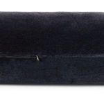 Hidden zipper detail along side seam of navy wool velvet bolster pillow