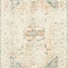 Ivory vintage style rug with faded blue and rust floral medallion patterns and plush texture