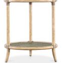 Round Retreat Raffia End Table with sand-colored wood frame, green raffia shelves, and rope accents