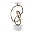 Ruban Accent Table back view showcasing the intertwined antique brass ribbon base and marble base and top