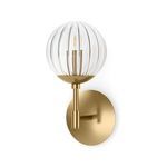 Sunset Sconce with round ribbed clear glass globe and brushed brass mount and arm
