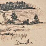 Close-up detail of sketched hillside and artist signature in black ink on canvas