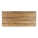 Underneath view showing stretcher beam extending through plank legs on natural wood table
