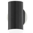 Kira 2 Light Wall Sconce front view with polished nickel backplate and black cylindrical shade framing frosted white glass...