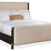 Retreat King Upholstered Panel Bed with beige fabric headboard and footboard, dark wood frame, and white bedding