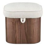 Sonny Stool with walnut veneer base and lift top in flecked oatmeal fabric with piping and rounded corners
