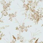 Pastel blue wallpaper with brown and white chinoiserie bird and peony floral pattern inspired by antique embroidery