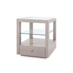 Gavin 1-Drawer Side Table in taupe gray oak with glass shelf and single drawer