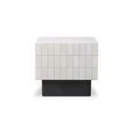 Back view highlighting the solid matte black rectangular base supporting the glazed white grid pattern concrete top