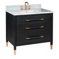 Verona vanity viewed from a slightly left angle with marble top, rectangular sink, and three drawers with gold handles