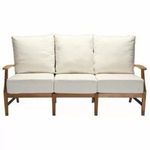 Three-seat outdoor sofa with teak wooden frame and off-white cushioned seats and backrests
