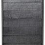 Left side profile showing the narrow depth and metal top edge of the tall gray wood dresser