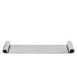 Long rectangular Metallic Serving Scroll Tray with rolled ends in raw nickel finish and subtle metallic sheen