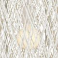 Close-up detail of glowing bulb behind dense crisscross twine wrapping