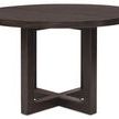 Side view showing open pedestal base with thick cross legs supporting round burnt timber tabletop