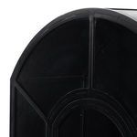 Close-up of upper arched frame and grid pattern on black metal cabinet door