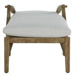 Back view of teak chaise with white cushion attached by fabric strap across slats
