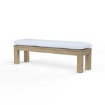 Coastal Teak Dining Bench with sleek angular teak frame and white cushioned seat