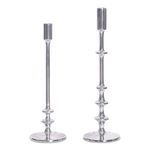 Set of two polished nickel candle holders with one tall and one short holder featuring rounded segmented stems