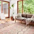 Layla Pink Lagoon Rug styled in bright living room with modern chair, sofa, and large windows