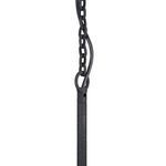 Close-up of wrought iron chain link and hanging hook in matte black finish