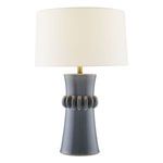 Full side view of Pisces ceramic lamp in slate blue with off-white drum shade