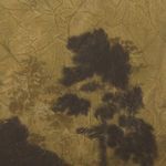 Close-up showing textured, crinkled surface and shadowy tree forms in muted olive and dark brown tones