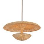 Draco Pendant light with two-tier natural wicker weave shade and Bronze Leaf stem in mid-century reflectors style