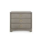 Stanford 3-drawer side table in neutral gray wood finish with gold trapezoid drawer pulls and block feet