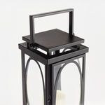 Top view showing square flat lid and rectangular handle in upright position on black lantern