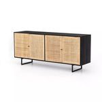 Mid-century style Carmel Cane Sideboard with black mango casing, light cane woven doors, and gunmetal iron legs
