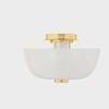 Side view showing flush mount’s opal inner glass cylinder and aged brass top hardware