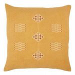 Mustard yellow 22 inch square throw pillow with warm taupe and white tribal embroidery in Moroccan Sabra style