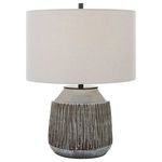 Ceramic table lamp with deep organic grooves in blue-gray crackle glaze, rust brown details, dark bronze accents, oatmeal ...
