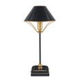 Side angle of smaller scale Daphne Black Table Lamp variant with proportional gold trim and base