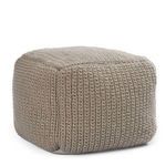 Square pouf with handwoven knitted taupe cover, outdoor finish, soft texture and modern design