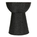 Side view of black hourglass shaped handwoven corn rope accent table
