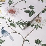Nuit Wallpaper with white background, twisting branches, blooming red and yellow flowers, and perched birds