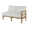 Right side angled view of sofa highlighting teak frame armrest and cushion depth