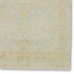 Close-up of rug edge highlighting intricate border designs and faded vintage effect in soft colors