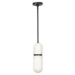 Salon Pendant with rounded alabaster bulb cover and black metal rod and ceiling mount