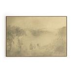 Atmospheric landscape painting in muted beige and gray tones with faint trees, raw canvas in vertical grain white oak frame