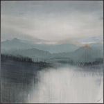 Misty Lake I painting showing mist-covered lake with trees and mountains in soft, muted blue and gray tones