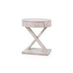 Modena 1-drawer Side Table with clear lacquered burl wood, round top, crossed legs, and rectangular plinth base