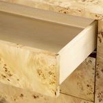Opened drawer showing light wood interior and burlwood finish on drawer front