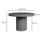 Outdoor dining table with dimensions and height marked for top, base, and overall elevation in gray color