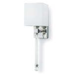 Modern wall sconce with a natural linen cube shade and suspended clear cut crystal stem ending in a clear ball finial