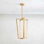 Side angle of Edgemere Pendant suspended from ceiling showing LED strip integration along brass frame