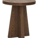 Round end table with worn saddle oak veneer finish and pedestal-style tapered base